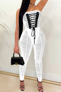 White Sexy Solid Patchwork See-through Backless Strapless Skinny Jumpsuits