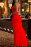 Red Elegant Solid Patchwork Fold Oblique Collar Long Dresses