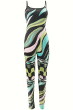 Black Green Sexy Casual Print Backless Spaghetti Strap Skinny Jumpsuits