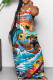 Blue Casual Print Patchwork Pocket V Neck Long Dresses