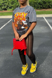 Dark Gray Casual Print Patchwork O Neck T-Shirts