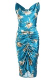 Blue Sexy Casual Print Backless Fold Spaghetti Strap Sleeveless Dresses