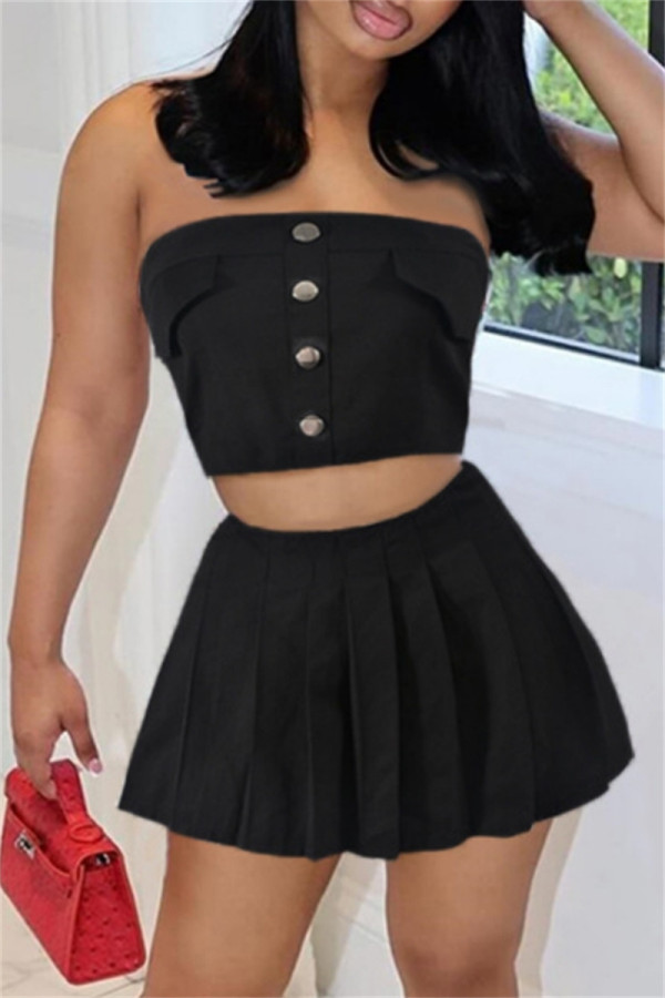 Black Sexy Casual Solid Backless Strapless Sleeveless Two Pieces