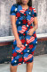 White Blue Red Casual Print Patchwork O Neck Wrapped Skirt Dresses
