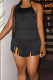Black Street Solid Tassel Bandage Patchwork Backless Halter Regular Rompers