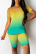 Green Yellow Casual Gradient Print Contrast O Neck Short Sleeve Two Pieces