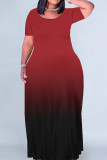 Grey Red Elegant Gradient Patchwork O Neck Long Dresses
