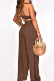 Brown Sexy Casual Solid Backless Oblique Collar Sleeveless Two Pieces