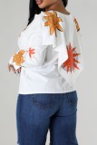 White Casual Print Basic Shirt Collar Tops