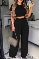 Black Casual Solid Basic O Neck Short Sleeve Two Pieces
