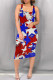 White Red Casual Print Patchwork Square Collar Wrapped Skirt Dresses