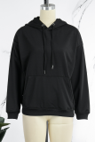 Black Casual Solid Patchwork Draw String Pocket Hooded Collar Tops