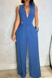 Deep Blue Casual Solid Hollowed Out Patchwork Turndown Collar Straight Jumpsuits