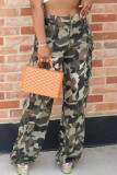 Camouflage Casual Camouflage Print Patchwork Buttons Zipper Loose Mid Waist Straight Full Print Bottoms
