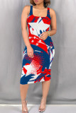 White Red Casual Print Patchwork Square Collar Wrapped Skirt Dresses