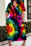 Yellow Casual Tie Dye Patchwork Pocket V Neck Straight Plus Size Dresses