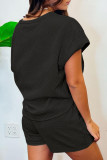 White Casual Striped Patchwork Draw String Pocket O Neck Short Sleeve Two Pieces