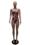 Blue Sexy Print Bandage Backless Swimwears