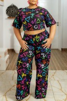 Black Casual Print Basic O Neck Plus Size Two Pieces