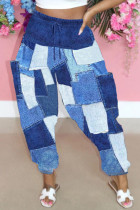 Blue Street Print Patchwork Draw String Pocket Loose High Waist Wide Leg Full Print Bottoms