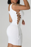 White Casual Solid Hollowed Out Frenulum U Neck Vest Dresses
