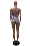 Blue Sexy Print Bandage Backless Swimwears