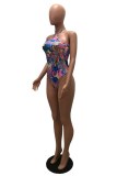 Blue Sexy Print Bandage Backless Swimwears