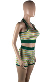Stripe Casual Striped Bandage Patchwork Backless V Neck Sleeveless Two Pieces