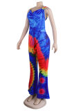 Blue Sexy Casual Print Tie Dye Backless Hooded Collar Skinny Jumpsuits
