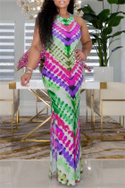 Purple Casual Print Slit O Neck Long Dresses