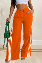 Orange Casual Patchwork Draw String Pocket Contrast Loose Mid Waist Wide Leg Patchwork Bottoms