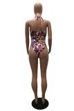 Blue Sexy Print Bandage Backless Swimwears