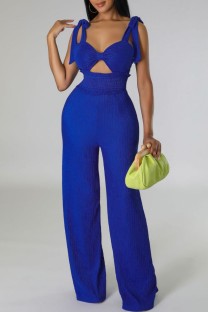 Blue Sexy Casual Solid Bandage Hollowed Out Backless Spaghetti Strap Skinny Jumpsuits