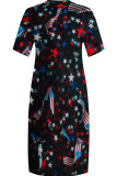 White Red Casual Print Patchwork Pocket V Neck Straight Plus Size Dresses