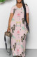 Light Pink Casual Print Patchwork Pocket V Neck Long Dresses