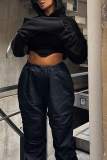 Black Casual Solid Patchwork Draw String Pocket Hooded Collar Tops