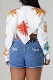 White Casual Print Basic Shirt Collar Tops