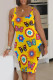 Yellow Casual Print Patchwork Backless Square Collar Wrapped Skirt Dresses