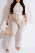 White Casual Solid Tassel Patchwork Asymmetrical O Neck Sleeveless Two Pieces