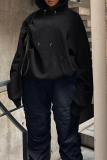 Black Casual Solid Patchwork Draw String Pocket Hooded Collar Tops