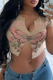 Apricot Sexy Print Patchwork Asymmetrical Collar T-Shirts