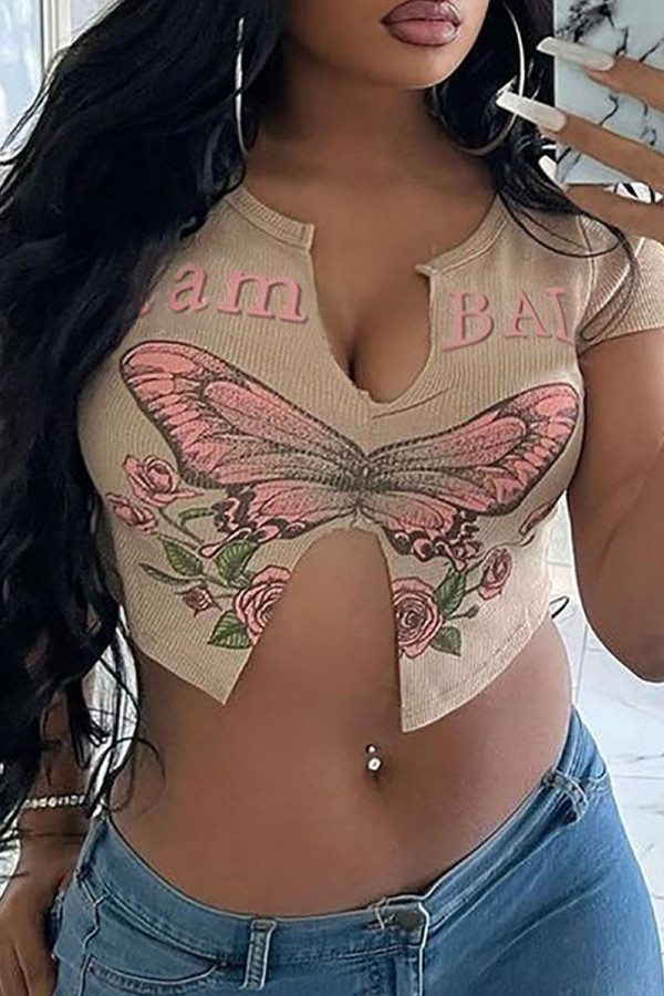 Apricot Sexy Print Patchwork Asymmetrical Collar T-Shirts