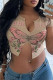 Apricot Sexy Print Patchwork Asymmetrical Collar T-Shirts