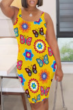Yellow Casual Print Patchwork Backless Square Collar Wrapped Skirt Dresses