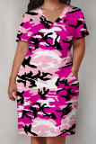 Pink Casual Print Patchwork Pocket V Neck Straight Plus Size Dresses