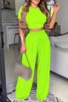 Fluorescent Green Casual Solid Basic O Neck Short Sleeve Two Pieces