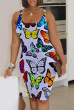 White Casual Print Patchwork Backless Square Collar Wrapped Skirt Dresses