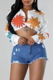 White Casual Print Basic Shirt Collar Tops