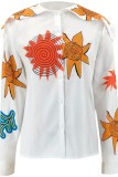 White Casual Print Basic Shirt Collar Tops