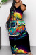 Black Casual Print Patchwork Pocket V Neck Long Dresses